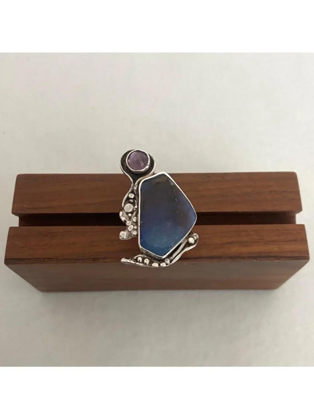 Sterling Silver 925 Brutalist Modernist Amethyst & Agate Ring Adjustable 7.5 - 8